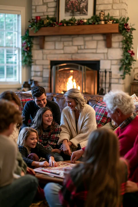 A group of family members sits together on a couch, playing games near a glowing fireplace in a cozy living room decorated for the holidays.