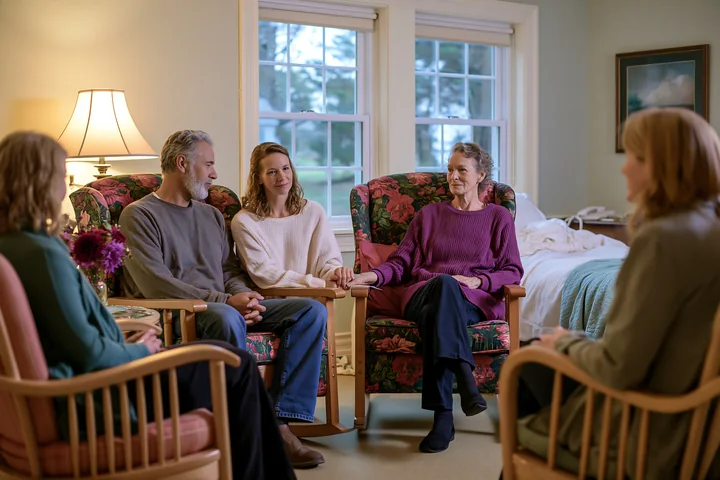 A group of five people sit in a hospice room, holding hands together while supporting a patient.