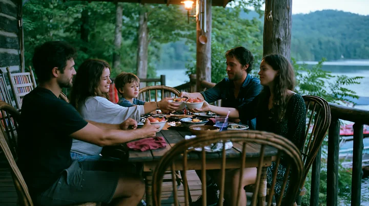 A group of five people sits around a wooden table sharing bowls of dessert after dinner at a lakeside cottage.
