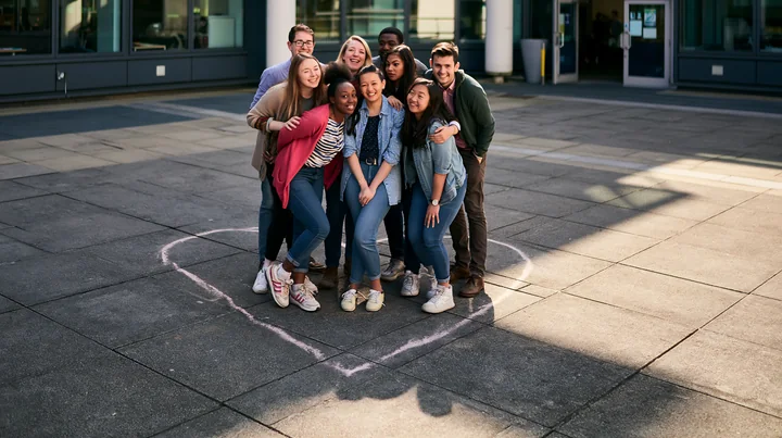 A group of friends poses inside a heart-shaped chalk outline on pavement outside a building.