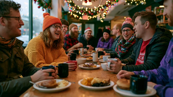 A group of friends sits around a wooden table in a coffee shop, enjoying beverages and pastries.