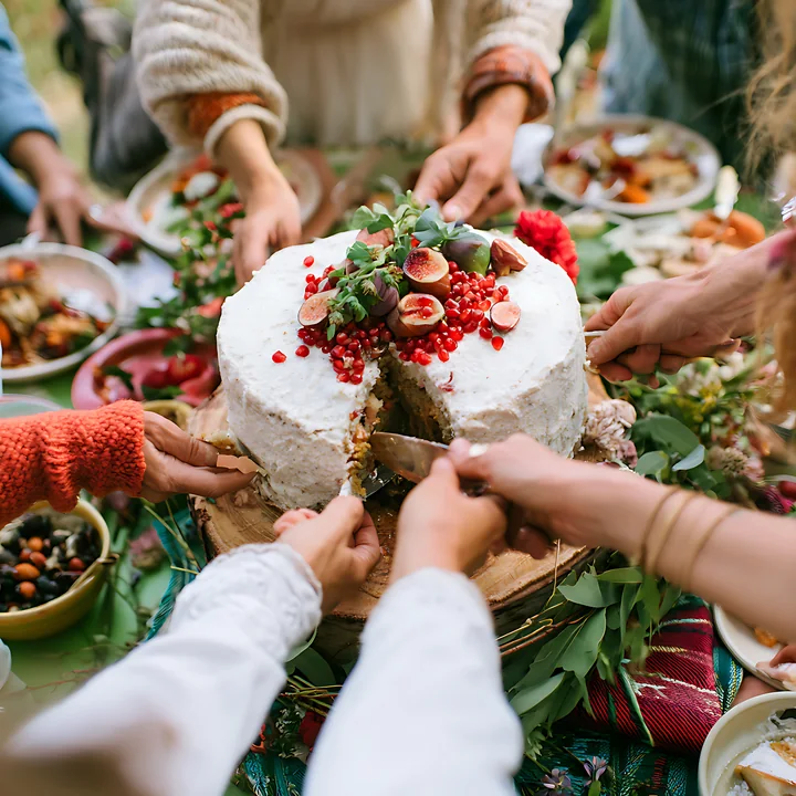 A group of guests cut and serve a vegan wedding cake during a reception.