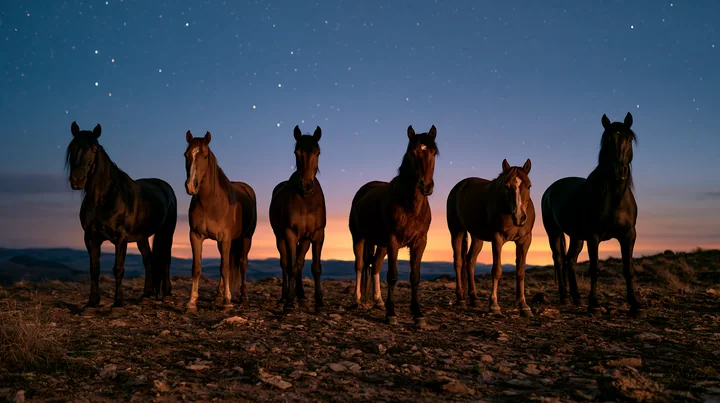 A group of horses stands on a rocky terrain under a star-filled sky at dusk.