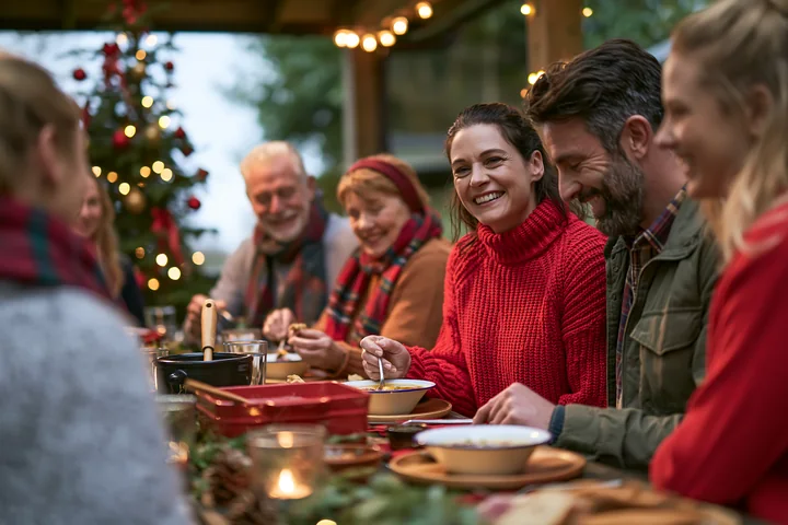 A group of people enjoys a Christmas meal at an outdoor table.
