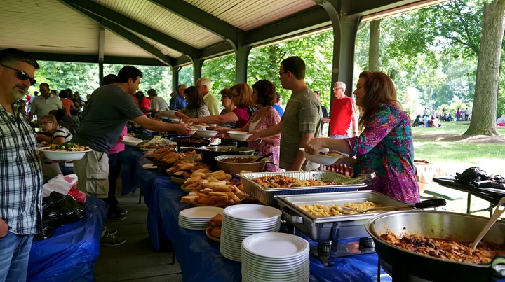 A group of people gather around a buffet table at a church event in a park, serving food onto their plates as others socialize nearby.