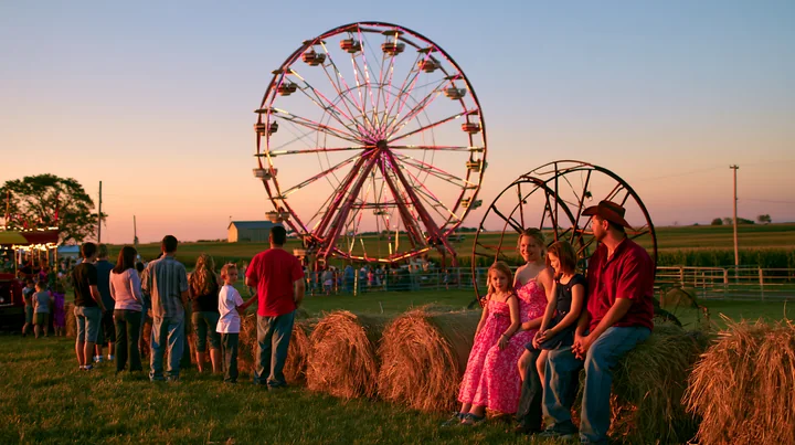A group of people including children is waiting in line for a ferris wheel at a fair during sunset.