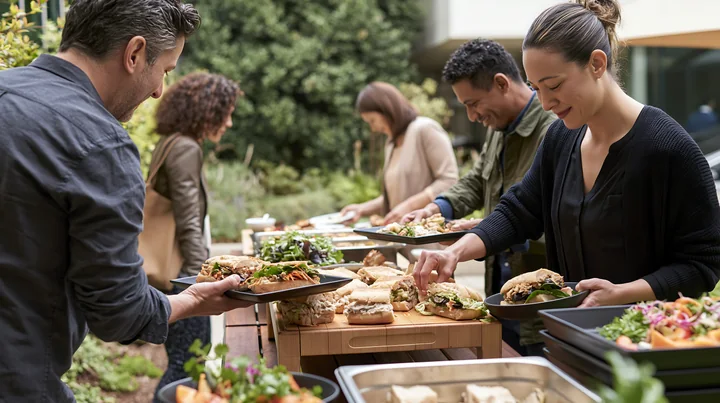 A group of people is enjoying a sandwich buffet for workplace lunch outdoors, helping themselves to a variety of sandwiches and salads at a long table in a gard