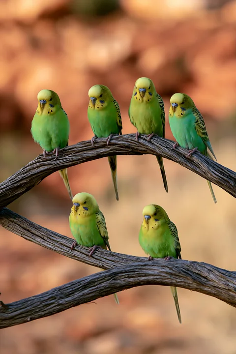 A group of six budgerigars sits on a curved branch in a desert landscape.
