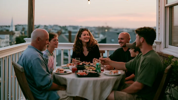A group of six people enjoys a sushi dinner at sunset on a balcony.