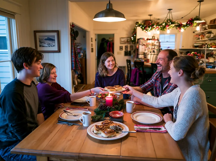 A group of six people share breakfast at a wooden table in a warm home during Christmas morning.