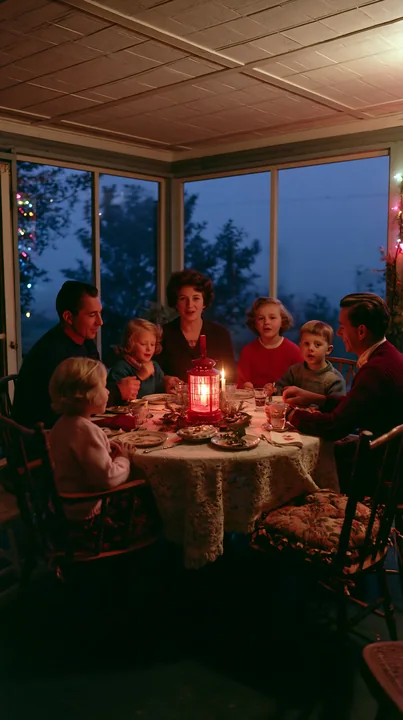 A group of six people sit together at a table with a red lantern in a cozy room with holiday decorations.