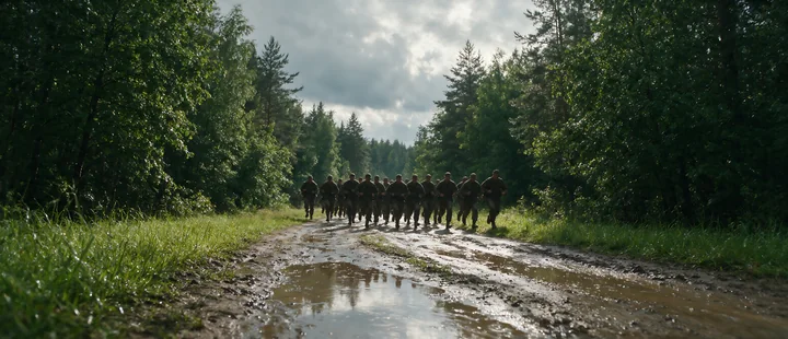 A group of soldiers marching together on a muddy path surrounded by trees.