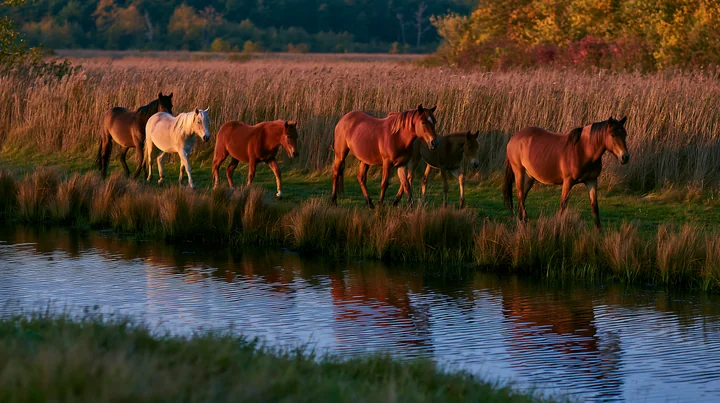 A group of wild horses moves along the edge of a river surrounded by tall grass and trees.