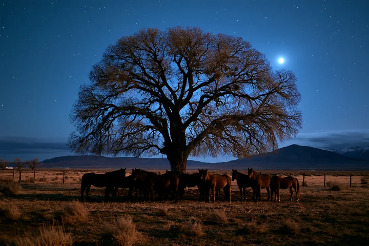 A group of wild horses stands quietly beneath a large tree, illuminated by the moonlight and stars in a clear night sky.