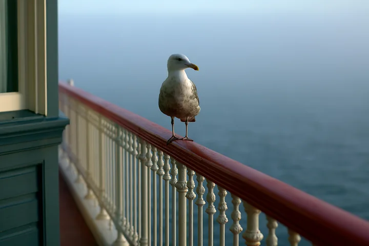 A gull perches on a railing near a lighthouse as heavy ocean fog envelops the scene.