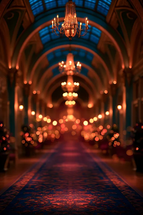 A hallway features tall chandeliers and warm lighting, creating a cozy atmosphere.