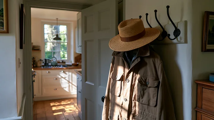 A hallway in a country house features coat hooks with a jacket and straw hat hanging.
