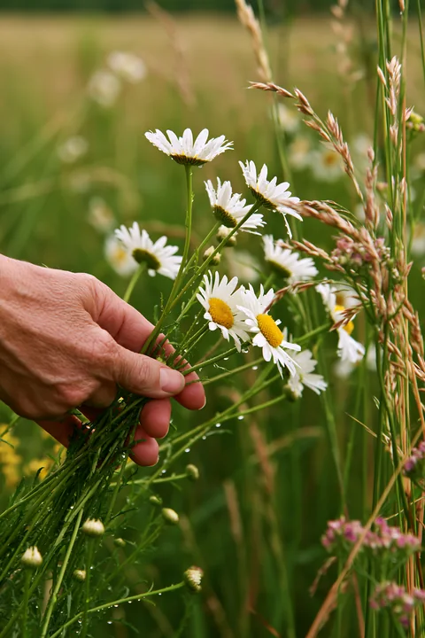 A hand gathers wild meadow flowers from a grassy field.