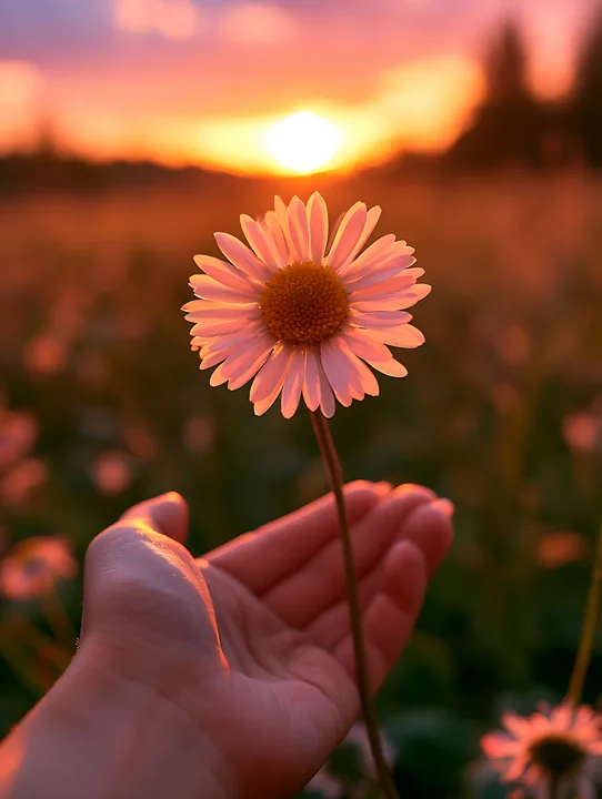A hand gently holds a daisy as the sun sets in the background, casting warm light over a field of flowers.