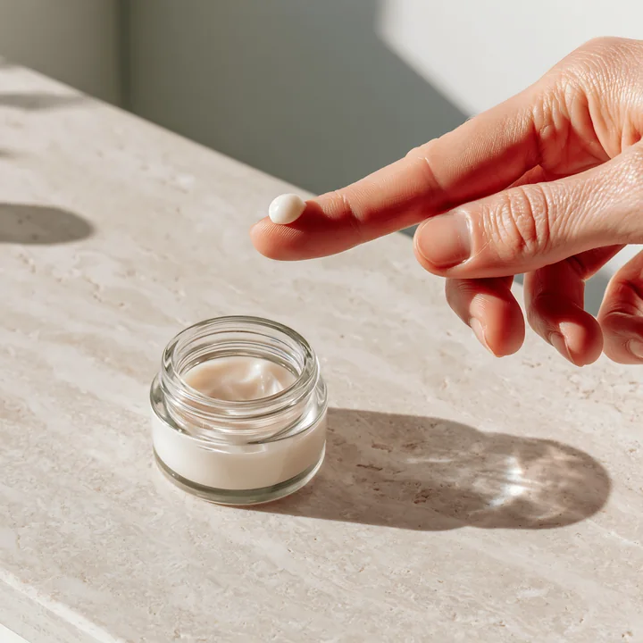 A hand holds a small amount of cream over a glass jar placed on a light colored surface.
