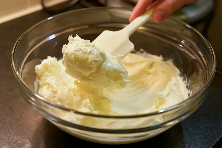 A hand holds a spatula as it lifts a thick cream dose with smooth glossy texture from a glass mixing bowl on a dark countertop, showing the creamy mixture ready