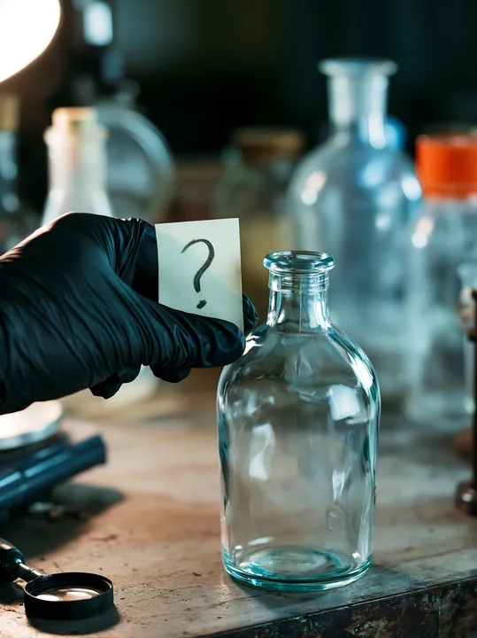 A hand in a black glove holds a note with a question mark next to an empty bottle on a cluttered workbench surrounded by other glass containers and tools.