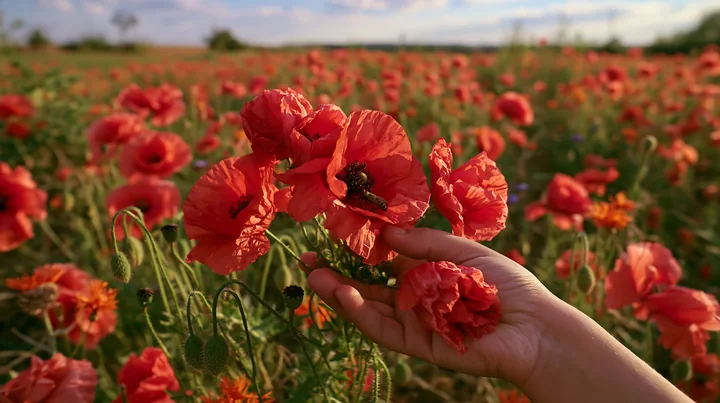 A hand is reaching for bright red poppy flowers in a vibrant meadow filled with wild blooms.