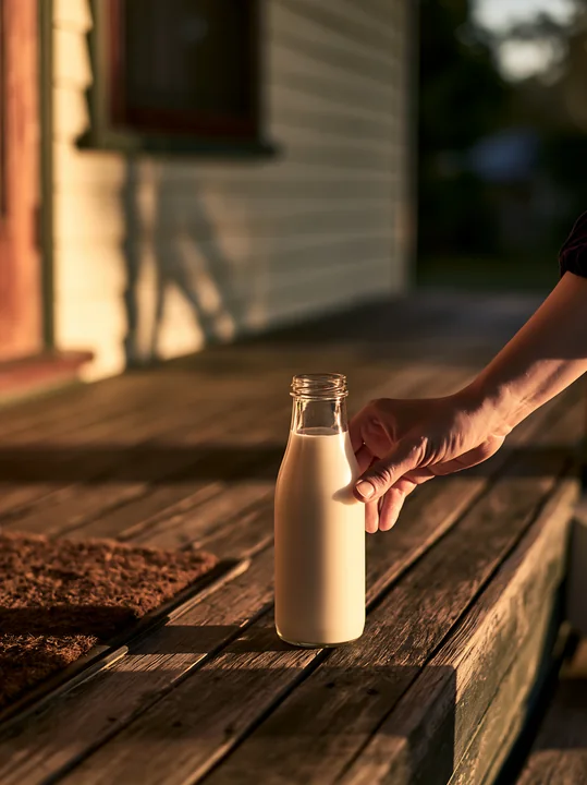 A hand reaches for glass milk bottles placed on a wooden doorstep during sunrise.