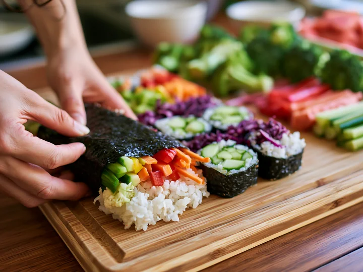 A hand rolls sushi with fresh vegetables including cucumber, bell pepper, and carrots on a wooden cutting board.