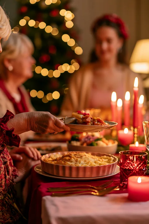 A hand serves a festive plate at a Christmas dinner table with candles, roast food, and family members in the background.