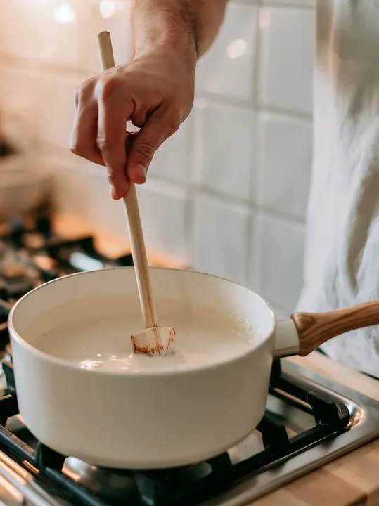 A hand stirs cream with vanilla pods in a pot on a stovetop.