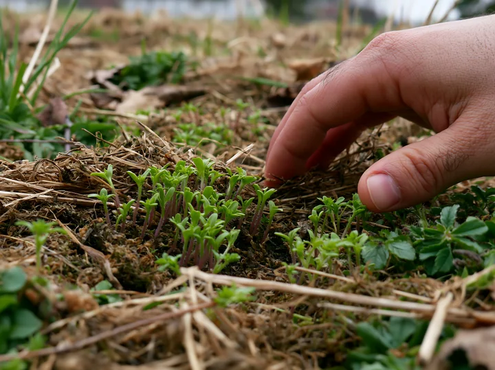A hand tends young green seedlings growing in a mulched garden bed outdoors.