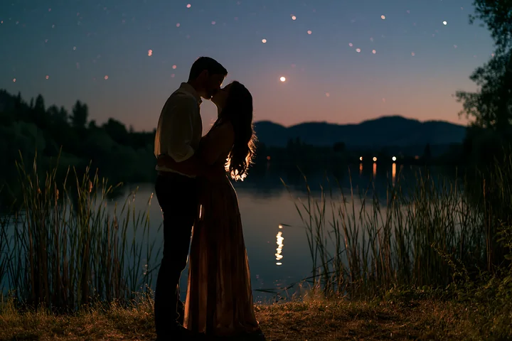 A happy couple kissing beneath stars in nature beside a calm lake.