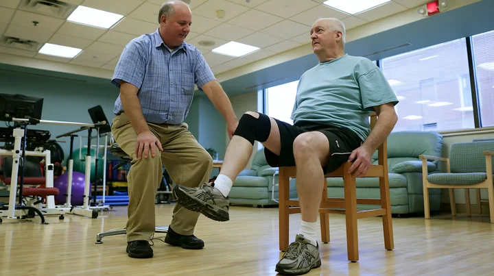 A healthcare professional assists a person with Parkinson's disease receiving support in a rehabilitation center.