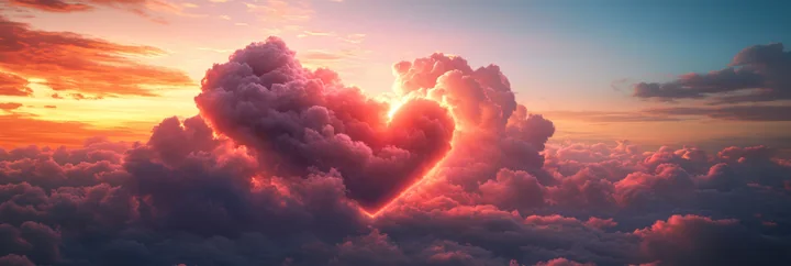 A heart shape appears in the clouds against a colorful sunset sky.
