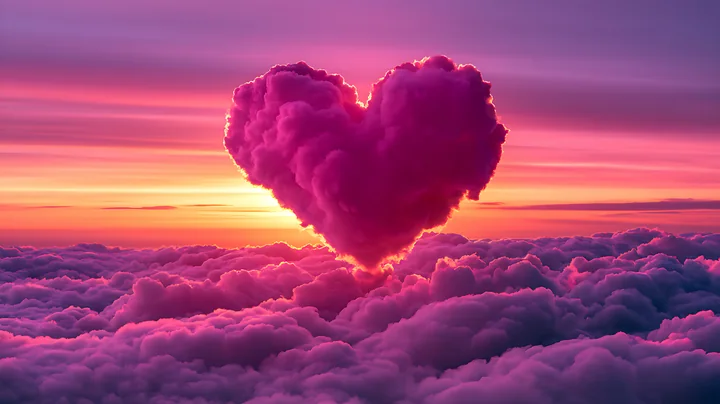 A heart-shaped cloud floats above fluffy clouds as the sun sets, creating a vibrant pink and purple sky.