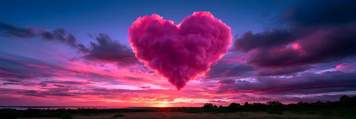 A heart-shaped cloud floats in a vibrant sky filled with pink and purple hues at sunset.
