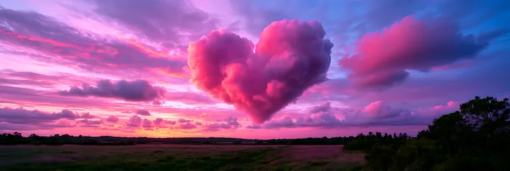 A heart-shaped cloud floats in the sky during sunset, surrounded by vibrant pink and purple hues.