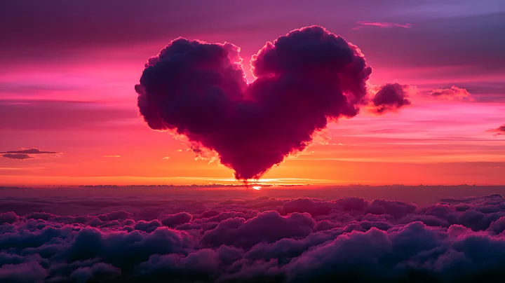 A heart-shaped cloud hangs in the sky during a colorful sunset, casting shades of pink and purple over the landscape below.
