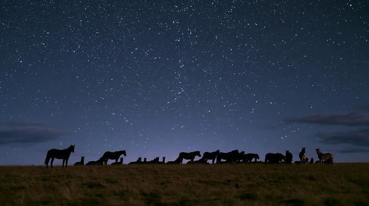 A herd of wild horses stands silhouetted against a starry sky, creating a dramatic scene in the night.