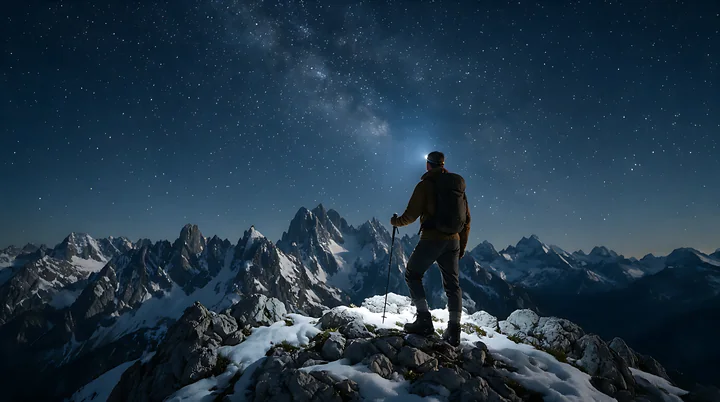 A hiker gazes at the breathtaking view of snow-capped mountains while standing on a rocky summit at night.