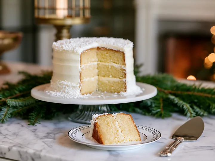A holiday cake sits on a marble countertop surrounded by green pine branches.