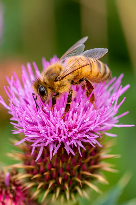 A honey bee closeup in bright daylight shows the insect collecting nectar from a purple flower.