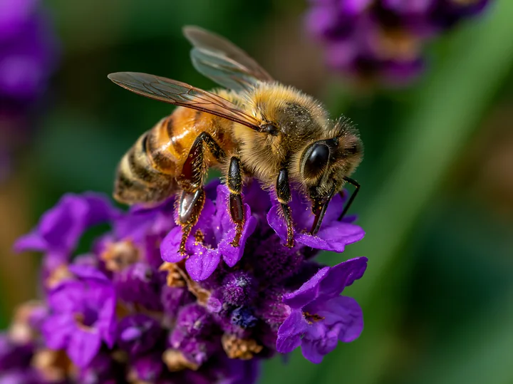 A honey bee closeup on purple lavender shows the bee feeding on nectar while perched on a vibrant flower, highlighting the interaction between the insect and th