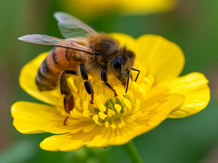 A honey bee closeup with visible hairs extracts nectar from a vibrant yellow flower in a natural setting.