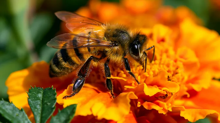 A honey bee crawling on petal collects nectar from a bright orange flower.