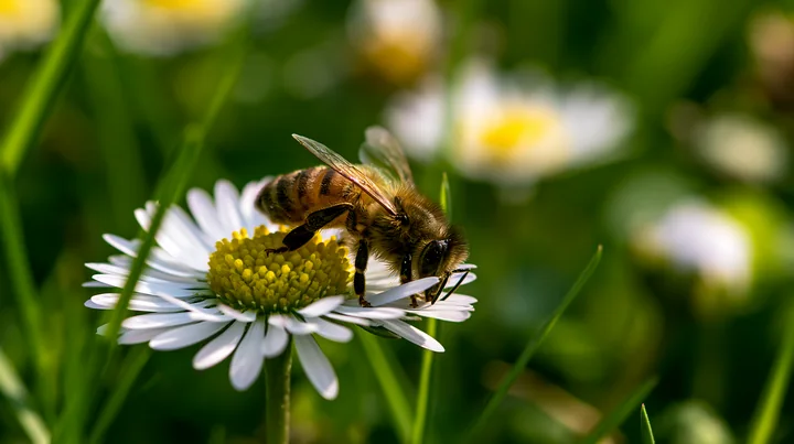 A honey bee crawling on petal collects nectar from a white flower in a garden filled with green grass.