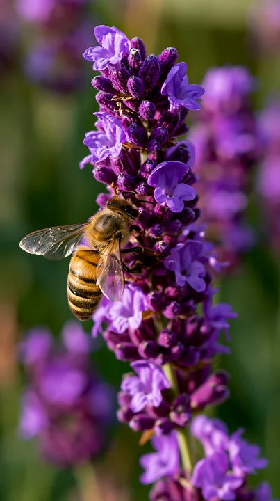 A honey bee gathers nectar from a cluster of purple lavender flowers.