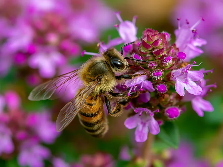 A honey bee is busy collecting nectar from bright thyme flowers in a garden setting.