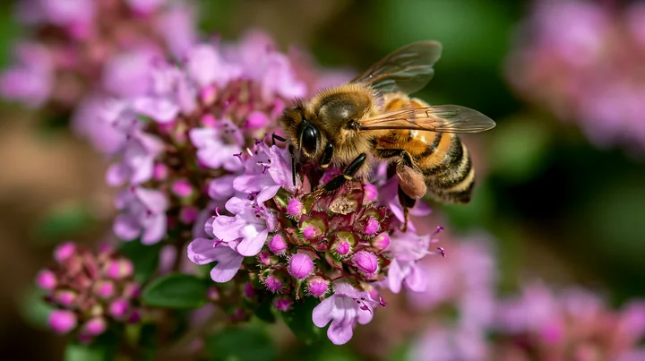 A honey bee on thyme flower collects nectar in a sunny garden.